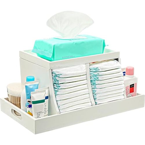 Three colors Diaper Caddy Organizer, Wooden Diaper Organizer, Changing Station Table Organizer, Baby Nursery Organization Diaper Storage Organizer with Removable Dividers (white)