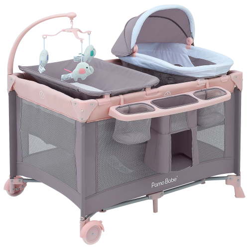 Pamo Babe Nursery Center Playard with Bassinet & Changing Table for Newborn,4-Panels Playpen