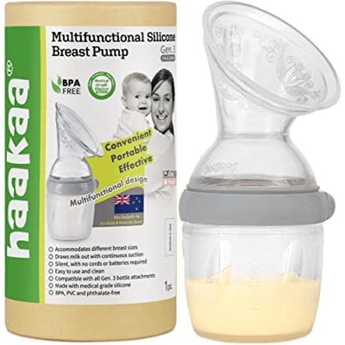 haakaa Gen.3 Manual Breast Pump 5.4oz/160mll | Upgraded Detachable Silicone Pump and Bottle Design | Multi-Purpose Use with haakaa Attachments, Color: Grey