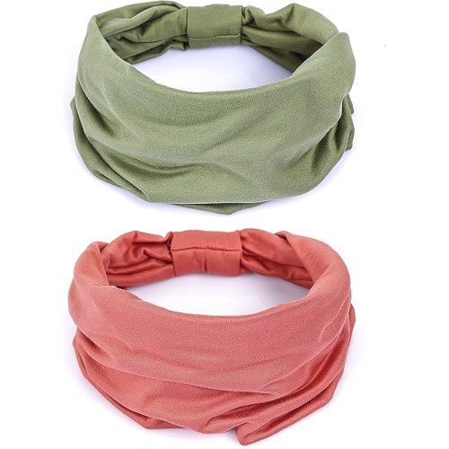GILI 2 Pack Wide Headbands for Women Boho African Knotted Non Slip Fashion Hair Bands Yoga Running Sports Workout Gym Head Wraps Elastic Soft Cotton Cloth Turbans Bandana for Girls(Green, Pink)