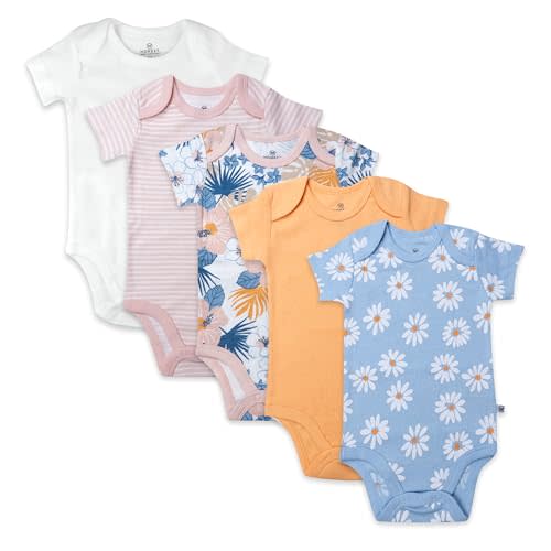HonestBaby baby-girls 5-pack Short Sleeve Bodysuits One-piece 100% Organic Cotton for Infant Baby Girls