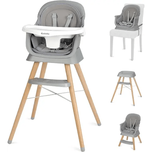 Ezebaby Baby High Chair, High Chairs for Babies and Toddlers with Adjustable Legs, 6-in-1 Convertible to Booster Seat for Dining Table, Portable Wooden High Chair with Double Cushions-Grey