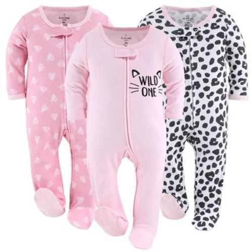 The Peanutshell Footed Baby Sleepers for Girls, Cheetah & Pink Hearts, 3-Pack, 3 to 6 Months
