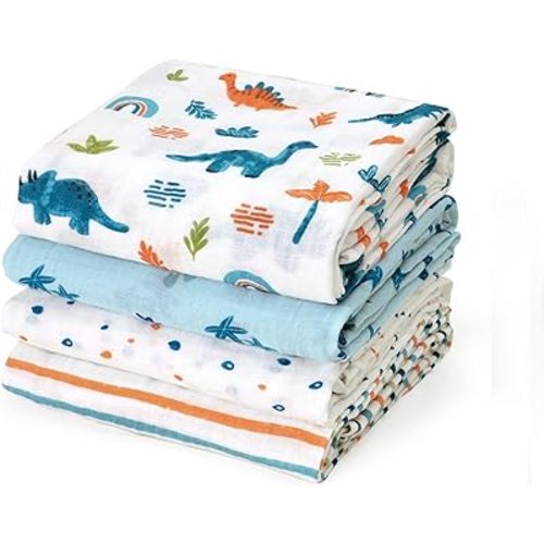 david's kids 4 Pack Baby Muslin Swaddle Blankets, 100% Cotton and Ultra Soft Breathable Receiving Blanket Wrap for Boys Girls, New Born Essentials, Dinosaur Blue