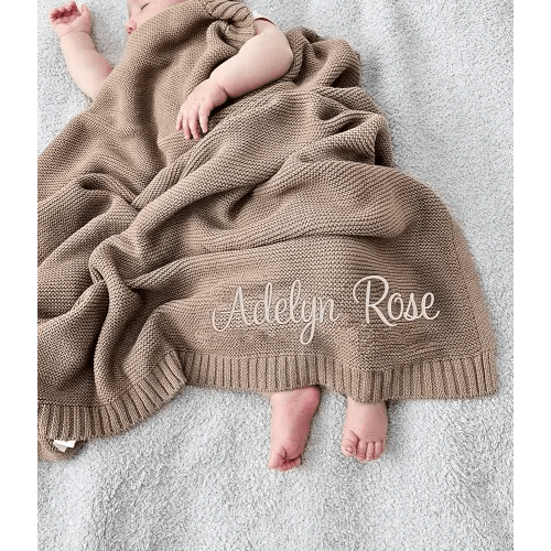 LOVELYPOD Personalized Baby Knit Blanket, Custom Embroidered with Name 30x40in Nursery Blanket Gifts for Newborn Baby Boy and Girl, Newborn Holiday Shower Gift, Cotton Knit Stroller