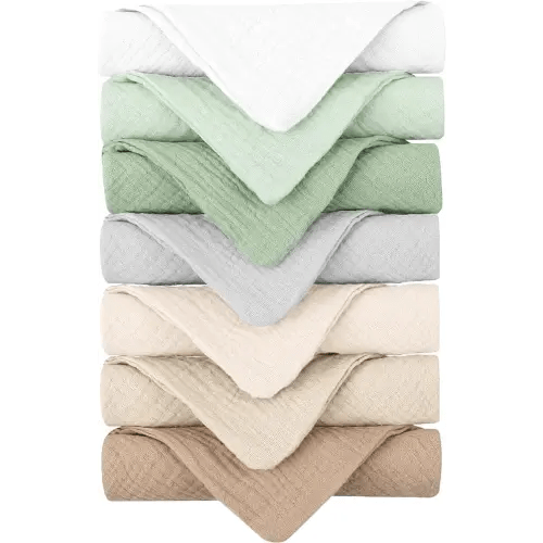 Konssy Baby Muslin Washcloths 7 Pack -100% Cotton Baby Bath Towels, Soft Baby Wash Cloths and Absorbent Burp Cloths for Newborn Kids Girls and Boys, 11x11 inches