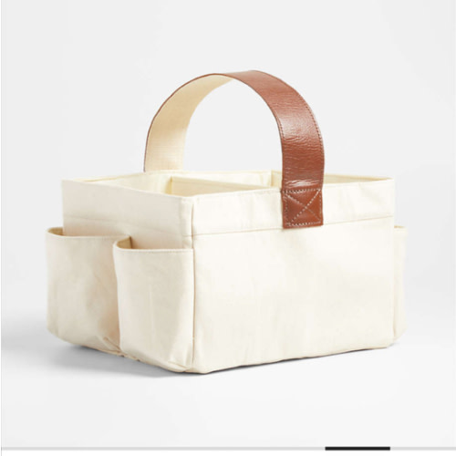 Canvas Diaper Caddy Organizer with Brown Leather Handle