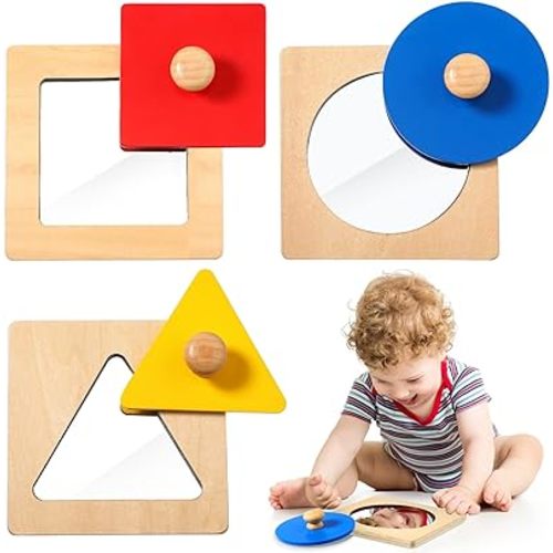 Civaner Montessori Mirror Puzzle Baby Peekaboo Knob Puzzles Colorful Baby Mirror Toy Wooden Geometric Shape Puzzle Sensorial Toys Birthday Gifts for Toddler Preschool