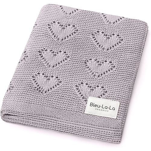 Heirloom Heart Knit Baby Blanket for Girls 100% Cotton Knit Swaddling Baby Blanket - Soft Warm Cozy Swaddle Receiving Cuddle Stroller Blanket for Newborns, Infants, & Toddlers (Lavender)