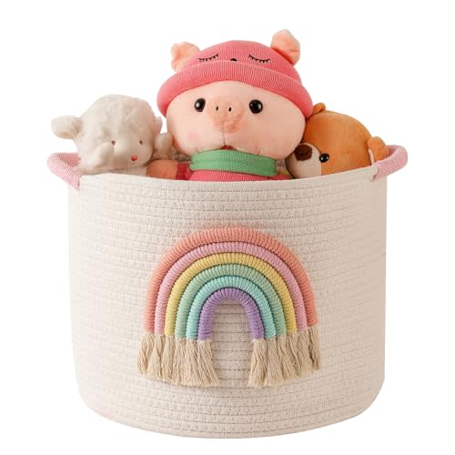 INough Toy Storage Baskets Woven Cotton Rope Storage Basket with Rainbow Decor for Kids, Blanket Baskets for Living Room Toys Organizer Rainbow Baby Gifts Basket with Handle for Girls Nursery Playroom
