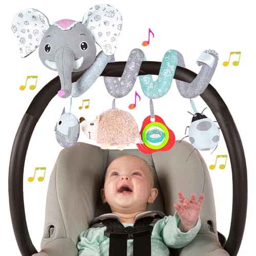 Baby Car Seat Toys, Hanging Stroller Toys for Baby 0-6 Months Infants Activity Spiral Toys with Musical Owl Rattles Hedgehog Beep Ladybug Squeaker - Gray Elephant Toys for Newborn Baby 0 3 6 12 Months