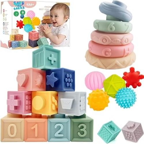 Baby Montessori Sensory Toys for 0-6 6-12 Months, Teething Toys for Babies 0 3 6 9 12 18 Months, Infant, Newborn Rattle Teether, Blocks, Soft Stacking Rings, Ideal Baby Boy Girl Gifts Set