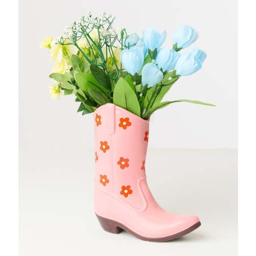 Pink Floral Ceramic Cowboy Boot Vase