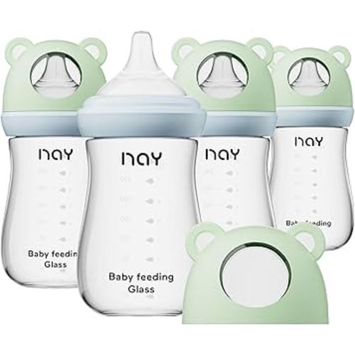 Natural Glass Baby Bottle for Breastfeeding Babies, 8oz Anti-Colic Baby Bottle with Natural Response Nipple(M), Clear, Wide Neck, 4 Pack, 3 Months+