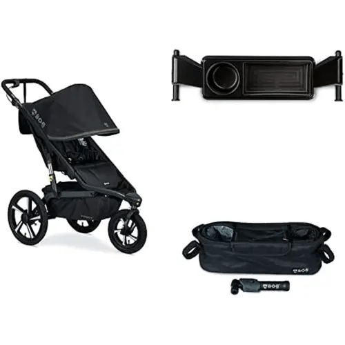 BOB Gear Bundle, Alterrain Pro Jogging Stroller, Black + Deluxe Snack Tray for Single Jogging Strollers + BOB Gear Deluxe Handlebar Console with Tire Pump for Single Jogging Strollers, Black