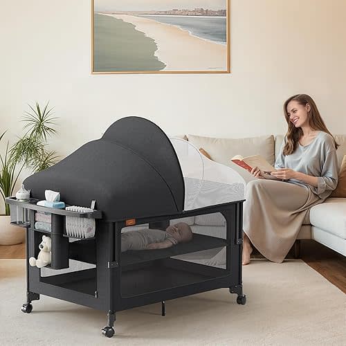 TinyGlow 4 in 1 Baby Bassinet, Pack and Play, Bedside Crib Sleeper, Diaper Changer, Quickly Assembled and Folded Portable Crib with Mattress and Mosquito Net, Easy to Carry