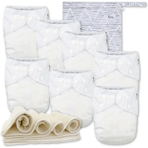 Nora's Nursery Cloth Diapers 7 Pack with 7 Inserts & 1 Wet Bag - Waterproof Cover, Washable, Reusable & One Size Adjustable Pocket Diapers for Newborns and Toddlers - Winter White