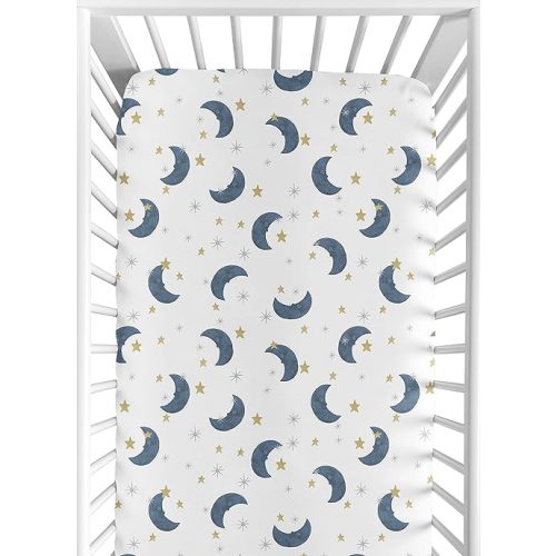 Sweet Jojo Designs Moon and Star Boy or Girl Fitted Crib Sheet Baby or Toddler Bed Nursery - Navy Blue and Gold Watercolor Celestial Sky