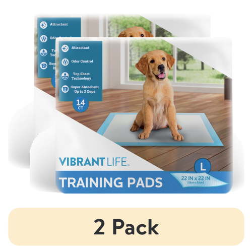 (2 pack) Vibrant Life Training Pads – Super Absorbent, Leak Proof, & Fast Dry Dog and Puppy Pee Pads – L 22 in x 22 in, 14 Count