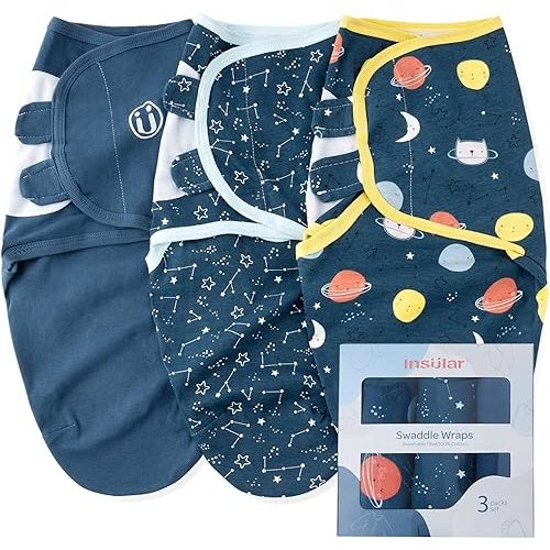 insular Swaddle Blanket, Baby Swaddle Wrap for Newborn and Infant, Adjustable Swaddle Set for Boy and Girl, Soft Cotton Baby Sleep Sack 3 Pack Medium(3-6 Month), Space