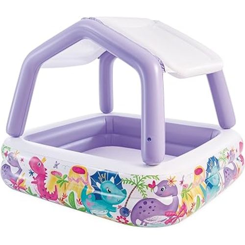 Intex 57470EP Sun Shade 5 Foot Square Inflatable Durable 10 Gauge Vinyl Kiddie Pool with Ocean Scene and Canopy for Ages 3 Years and Up, Multicolor
