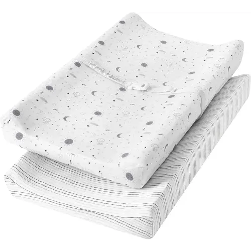 TILLYOU Changing Pad Cover Set in Soft Jersey Material - Fits 32"/34''x16" Contoured Pad for Babies, Little Sun & Gray Lines
