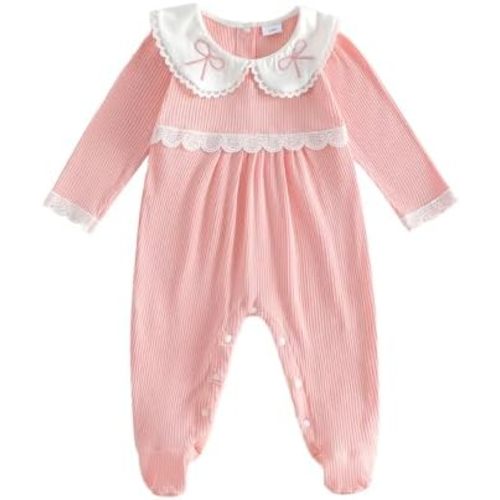 Newborn Baby Girls Ribbed Footed Romper Lace Trim Bow Embroidery Doll Collar Long Sleeve Jumpsuits