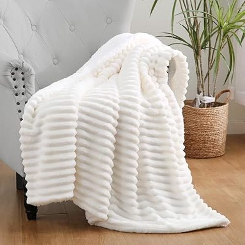 Cream White Sherpa Fleece Throw Blanket 60”×80” for Couch Sofa Bed,Double Side Soft Fuzzy Cozy Plush Thick Flannel Blanket with Striped Design,Gift for Adults,Woman,Girls