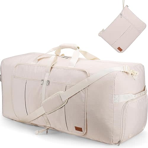 80L Large Duffle Bag for Travel, 26' Travel Duffel with Shoe Compartment, Foldable Collapsible Overnight Gym Weekender Bag for Men Women, Waterproof & Tear Resistant (Beige, 80L)
