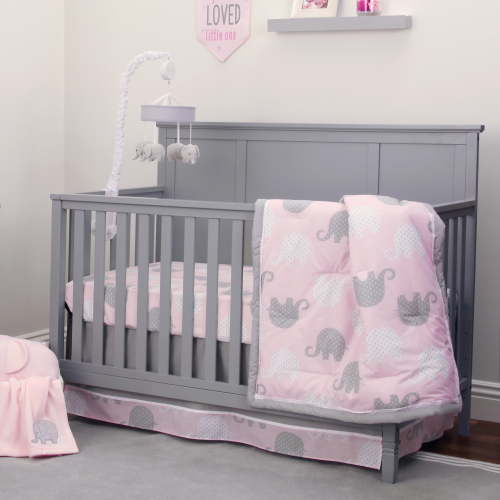 NoJo Dreamer Pink Gray Elephant 8-Piece Crib Bedding Set, Girl
