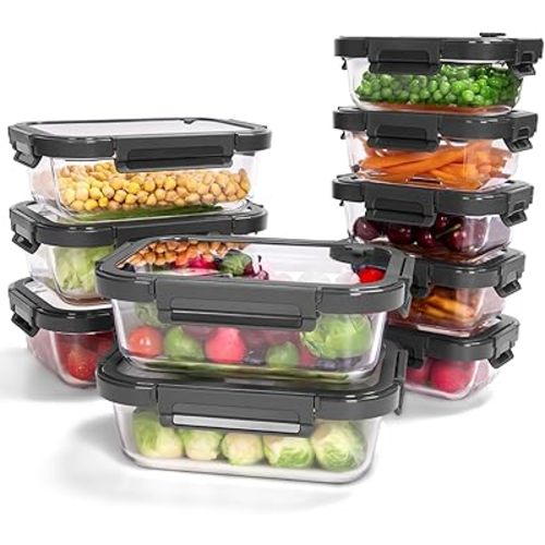 10-Pack Glass Food Storage Containers with Tempered Glass Lids – Borosilicate, Airtight, Oven-Safe (-4°F~950°F), BPA-Free, 4.4 & 1.6 Cup, Leak-Proof, Dishwasher Safe (Gray)