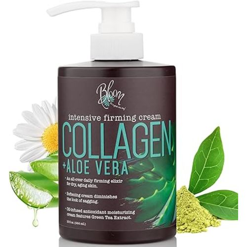BLOOM IT'S A GREAT SKIN DAY! Collagen Cream + Aloe Vera Moisturizer Body Lotion & Face Cream | Dry Skin Rescue | Skin Tightening Cream | Skin Firming + Tightening Lotion, 15 Oz