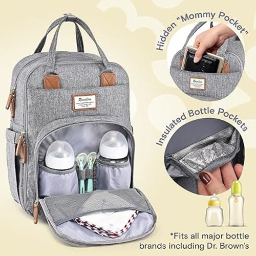 RUVALINO Diaper Bag Backpack, Multifunction Travel Pack Maternity Baby Changing Bags, Large Capacity, Waterproof, Gray