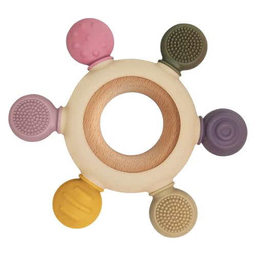 Baby Teething Toys with Wooden Ring, Teethers for Babies 3-6 Months, Wooden Baby Toys, Easy to Grasp Toy for Baby Teething Relief, Chew Toys for Sucking Needs, Silicone Baby Teether BPA Free