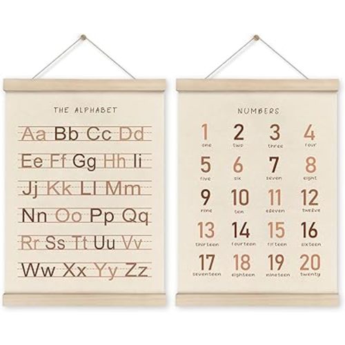 HRQKO Alphabet Numbers Poster Hanger Frame Set of 2, Girls Nursery Wall Decor, ABC Poster Wall Art with Wooden Frames, Burnt Orange Alphabet Banner Wall Hanging Decor for Toddler Playroom,12x16 Inch