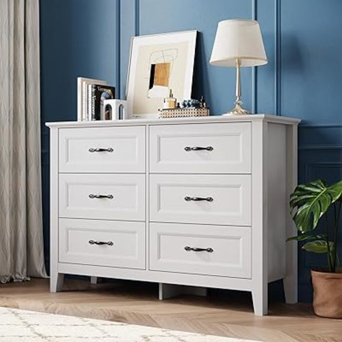 LINSY HOME Dresser for Bedroom, 6 Drawer Dresser with Metal Handles, Chest of Drawers for Living Room, Entryway and Hallway, White