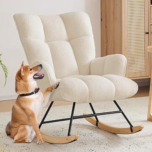 Nursery Rocking Chair Teddy Upholstered Glider Rocker Rocking Accent Chair with High Backrest Comfy Armchair with Padded Seat Soft Side Chair for Living Room Bedroom Office (Ivory Teddy)