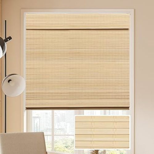 LUCKUP Cordless Bamboo Roman Blinds Shades for Indoor Windows-Blackout Room Darkening Roman Blinds with 6" Valance Cover Enhanced Privacy, 30" W x 64" H