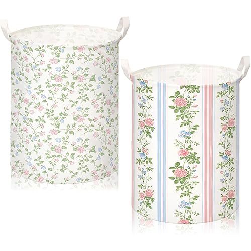 2 Pcs Floral Laundry Basket Coquette Storage Basket for Girls Flower Nursery Hamper with Handles Foldable Waterproof Collapsible Storage Bin Organizer for College Dorms Bathroom