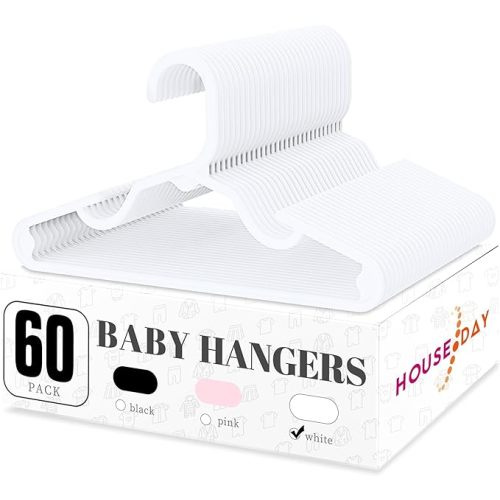 HOUSE DAY Plastic Baby Hangers for Closet 60 Pack, Durable Plastic Kids Hangers for Baby Clothes, Thin & Compact Childrens Hangers, Space Saving White Baby Hangers, Small Hangers for Kids Clothes
