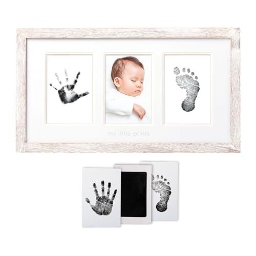 Pearhead My Little Prints Newborn Handprint & Footprint Frame Kit - No Mess Clean Touch Ink Pad, Gender-Neutral Keepsake, Ideal Shower Gift, Nursery Decor, Distressed Wood
