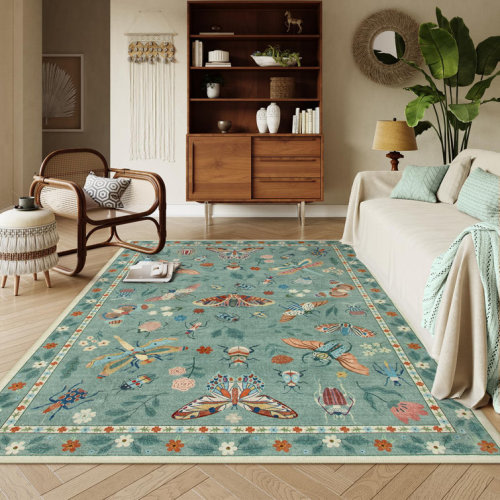 Animal and Insect Washable Floor Mat - Non-Slip Area Rug Non Slip Green Area Rug Low Pile Stain Resistant Throw Carpet for Dining Room