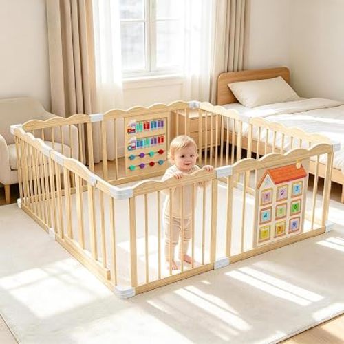 Wooden Baby Playpen with Built-in Activity Panel, 50x65x24In