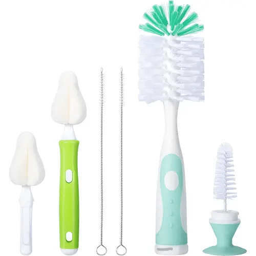 Baby Bottle Brush with One Base Hidden Nylon Nipple Cleaner, 2 Pcs Sponge Nipple Brushes, 2 Pcs Straw Brushes, Bottle Brush with Nipple Cleaner and Suction Cup (Green)