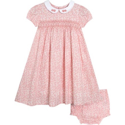 Floral Embroidered Cotton Smocked Bodice Dress & Bloomers, 3-6M