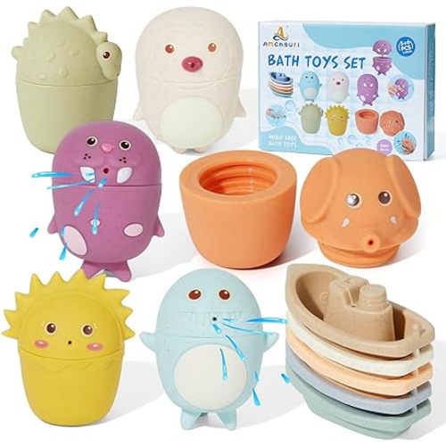 Mold Free Animal Bath Toys with Bath Boats for Toddlers/ Infants 6 - 12- 18 Months,11 PCS Eco-Friendly Non Toxic Bath Toy for Babies Water Table Toys Toddler Birthday Gift for Preschool Boys/Girls - Mold Free Boats&Spoon 11Pcs