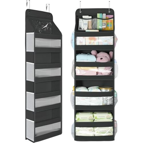 Yecaye 5 Tier 1Pc Over the Door Organizer, Swing-proof Door Organizer Hanging with Clear PVC Windows, Behind the Door Storage for Bedroom Nursery Closet Laundry Pantry Bathroom, Black