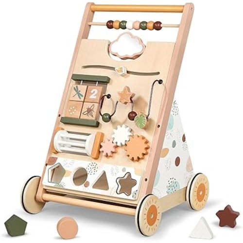 Joyreal Wooden Baby Walker Push Toys - Adjustable Speed Baby Push Walker with Wheels and Learning Activity Center - Neutral Color Montessori Walker Toys for Baby Boys and Girls Gifts