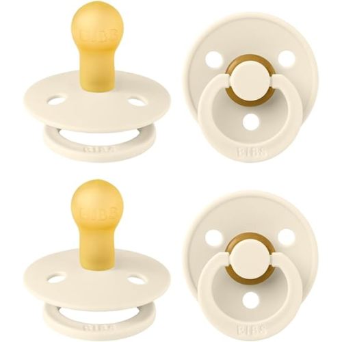 BIBS Colour Pacifier 4-Pack, BPA Free Dummy Pacifier, Round Nipple. Natural Rubber Latex, Made in Denmark, Size 1 (0-6 Months), Ivory