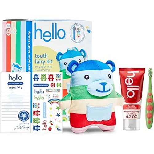 Hello Tooth Fairy Kit With Pillow Door Hanger and Teddy Bear, Includes Full Size Fluoride Kids Strawberry Toothpaste and Toothbrush, for Children Ages 3 and Up